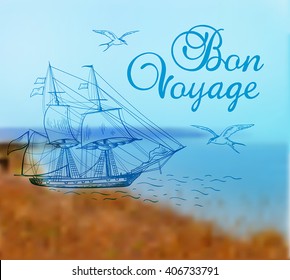 Summer background with hand drawn sailing ship. Vector illustration.