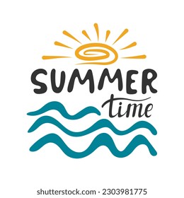 Summer background of hand drawn sea waves and sun. Handwritten Lettering text Summer time for print. Vacation holiday concept