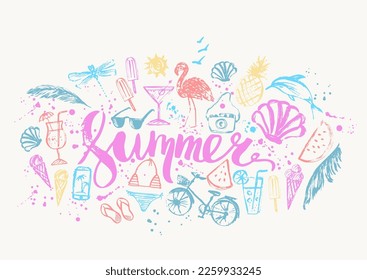 Summer background with hand drawn sketches, grunge drops and lettering. Fruits, beach bikini, cocktail, dolphin, popsicle, shell, flamingo, ice cream, bike, sun. 