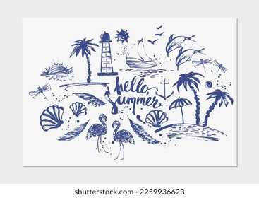 Summer background with hand drawn sketches, grunge drops and lettering in navy blue color. Palm trees, beach, lighthouse, dolphin, shell, yacht, dragonfly, sun.