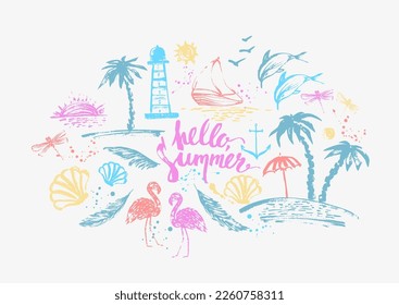 Summer background with hand drawn sketches, grunge drops and lettering in navy blue color. Palm trees, beach, lighthouse, dolphin, shell, yacht, dragonfly, sun.