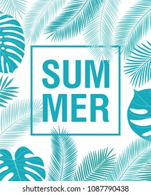 Summer background with hand drawn tropical leaves. Floral elements for your design. Vector illustration.