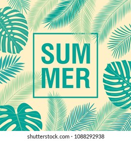 Summer background with hand drawn tropical leaves. Floral elements for your design. Vector illustration.