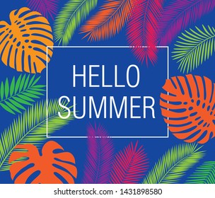 Summer background with hand drawn tropical leaves. Floral elements for your design. Vector illustration.