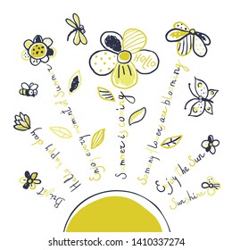 Summer background. Hand-drawn flowers with bee, dragonfly, butterfly. Design for card, posters, t-shirts, advertisement. Floral vector design and doodle elements