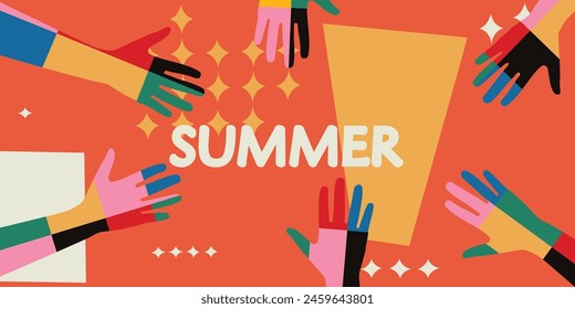 Summer background with hands . Simple collage banner
