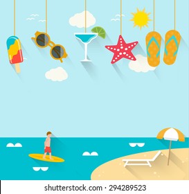 Summer background with hanging summertime icons set, sea, beach,  surfer, vector illustration