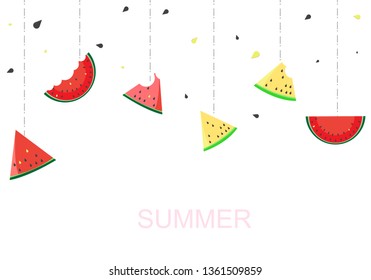 Summer background with hanging watermelon slices. Flat icon slices of watermelon. Healthy food illustration.