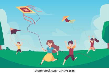 Fondo de verano con niños felices volando cometas, ilustración vectorial plana.