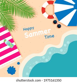 Summer background. Happy summer time. Beach, umbrella and palm trees. Vector graphics
