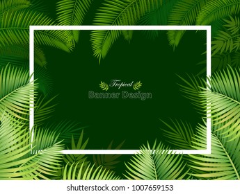 Summer background with Hawaiian palm leaves, frangipani and hibiscus with set of palm leaves on green background, vector illustration.