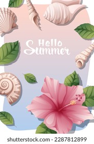 Summer background with hibiscus flowers, sea shells, clams, starfish. Postcard, banner, flyer with tropical plant.