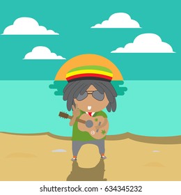 summer background.man holding ukulele stand on the beach.vacation.