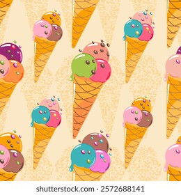 Summer background with ice cream in a cone. Seamless pattern, flat style, vector.