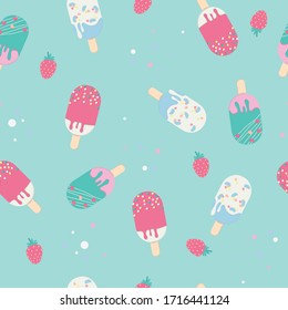 Summer background of ice cream in pastel color. Seamless patern template of assortment popsicle in green vector backgound.