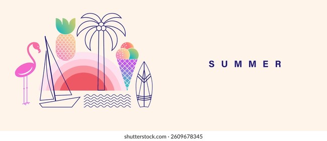 Summer background with icons or badges in flat design. Modern gradient geometric vector illustration. Trendy banner with palm tree, flamingo, pineapple, ice cream, surfboard, sailboat.
