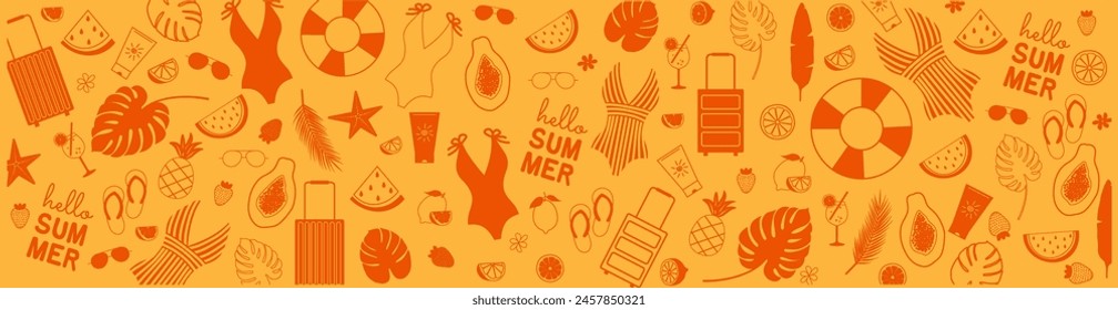 Summer background with icons of fruits, swimsuits, sunglasses, spf. Beach theme banner. Vector illustration in orange color
