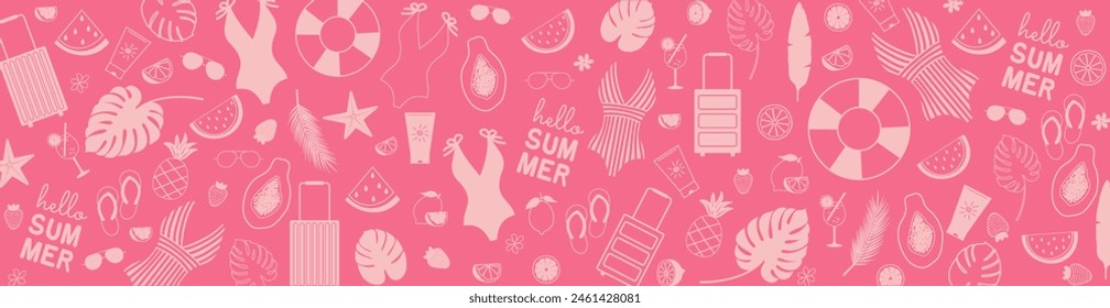 Fondo de verano con iconos de frutas, bañadores, gafas de sol, spf. Anuncio temático de playa. Ilustración vectorial en color rosa