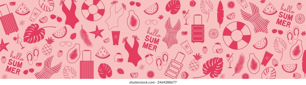 Fondo de verano con iconos de frutas, bañadores, gafas de sol, spf. Anuncio temático de playa. Ilustración vectorial en color rosa	