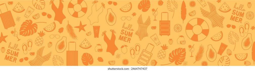 Summer background with icons of fruits, swimsuits, sunglasses, spf. Beach theme banner. Vector illustration in orange color	