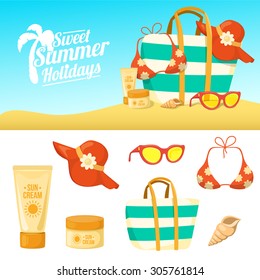 Summer background and icons. Tropic vacation backdrop design. Holiday accessories symbols set.