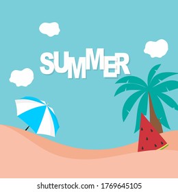 summer background illustration with beach and palm tree for banner poster and social media post