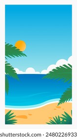 Ilustración de fondo de verano con playa, arena y cielo precipitado
