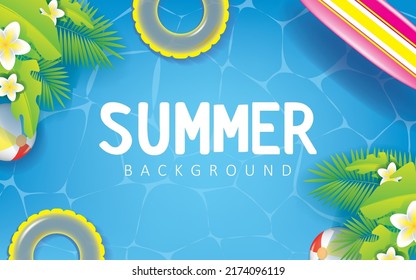 Summer Background Illustration Blue Ocean, plants, surfboard, and swim ring. Summer Vector Design