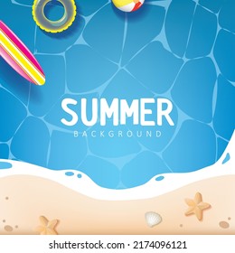 Summer Background Illustration Blue Ocean, plants, surfboard, and swim ring. Summer Vector Design