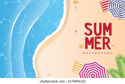 Summer Background Illustration Parasol, Beach and Blue Ocean waves. Summer Vector Design