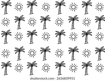 summer background illustration pattern with line art, apparel packaging coconut and sun, summer illustration hand drawn print ads, fashion business, textile