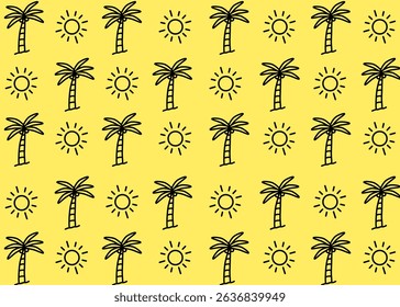 padrão de ilustração de fundo de verão com arte de linha minimalista, embalagem de vestuário de coco e sol, ilustração de verão desenhado à mão anúncios de impressão, negócios de moda, têxtil