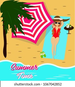 A summer background with illustration and vector design, it has a woman with a red swimming suit who stays under a pink umbrella on top of the beach. This is a good illustration for summer time.