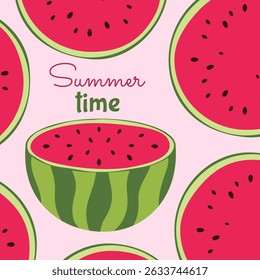 Summer background illustration with watermelon. Slices of juicy watermelon on pink background with text summer time. Designer template for postcard, poster, flyer, banner.