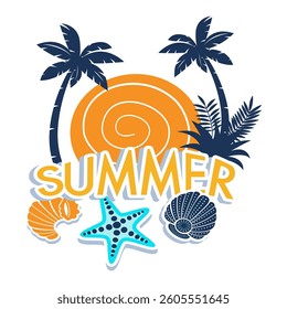 summer background with image silhouette palm trees starfish shells sea text summer