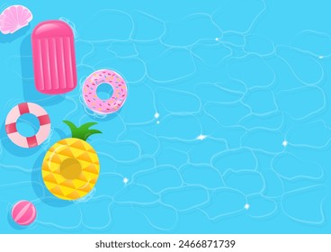 Summer background with inflatable swim ring on pool surface and copy space.