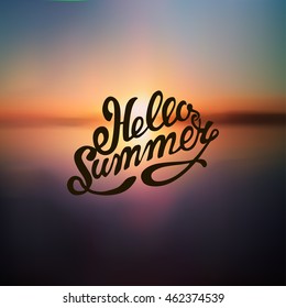 Summer background with the inscription Hello summer vector illustration. Sunset on the sea beach 