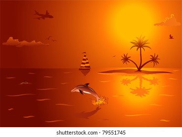 Summer background with island, palm tree, dolphin and yacht, element for design, vector illustration