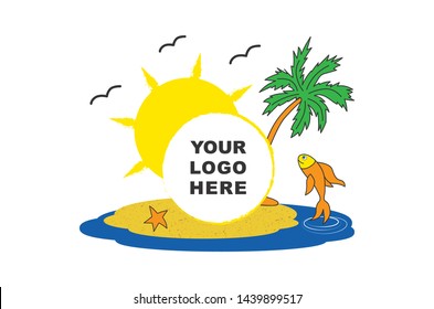 Summer Background Island with sun sea fish starfish and palm tree with copy space