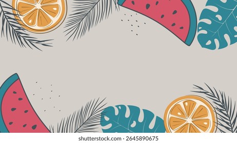 fundo de verão com fatias de laranja e melancia suculentas, planta tropical e espaço de cópia