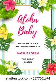 Summer background with jungle leaves and flowers. Tropical party invitation. Place for text. Great for flyer, baby shower invitation, wedding, poster.