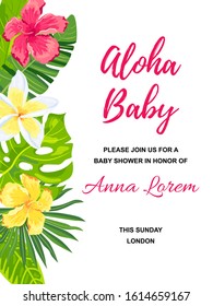 Summer background with jungle leaves and flowers. Tropical party invitation. Place for text. Great for flyer, baby shower invitation, wedding, poster. Aloha baby.