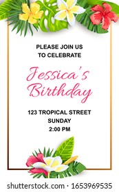 Summer background with jungle leaves and flowers. Tropical party invitation. Place for text. Great for flyer, baby shower invitation, wedding, poster, birthday.