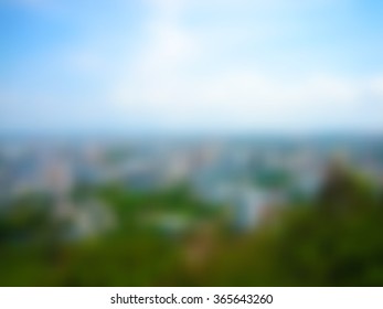 Summer background with landscape of green trees and the city skyline or horizon, blurred texture, in vector