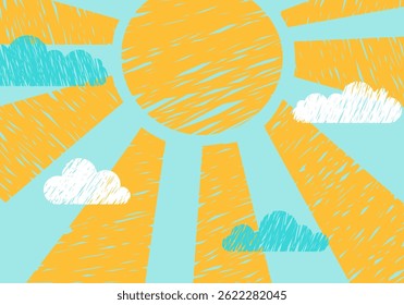 Summer background is a large bright sun in a blue sky with clouds. Hello, summer. A stroke in the silhouette.