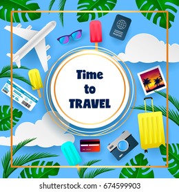 Summer background layout for banner, flyer, invitation, poster, brochure, voucher discount. Vector illustration template. Travel modern card with plane, boarding pass, luggage. Tourism. Travel banner.