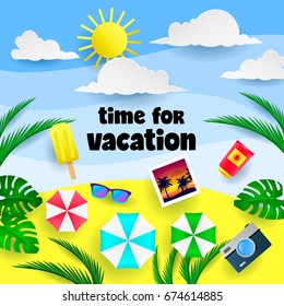 Summer background layout for banner, flyer, invitation, poster, brochure, voucher discount. Vector illustration template. Travel modern card with plane, boarding pass, luggage. Tourism. Travel banner.