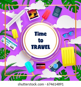 Summer background layout for banner, flyer, invitation, poster, brochure, voucher discount. Vector illustration template. Travel modern card with plane, boarding pass, luggage. Tourism. Travel banner.