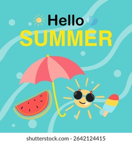 Summer background layout design with summer elements. Square poster, greeting card, header for website, banner. Vector illustration.