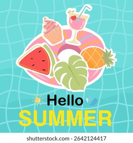 Summer background layout design with summer elements. Square poster, greeting card, header for website, banner. Vector illustration.